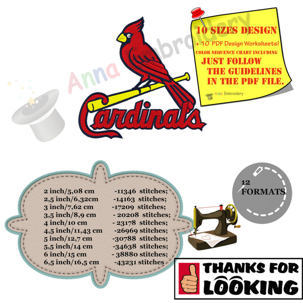Cardinal Machine Embroidery Design-Sport embroidery-cardinal bird embroidery- 10 SIZES- 12 formats-INSTANT DOWNLOAD