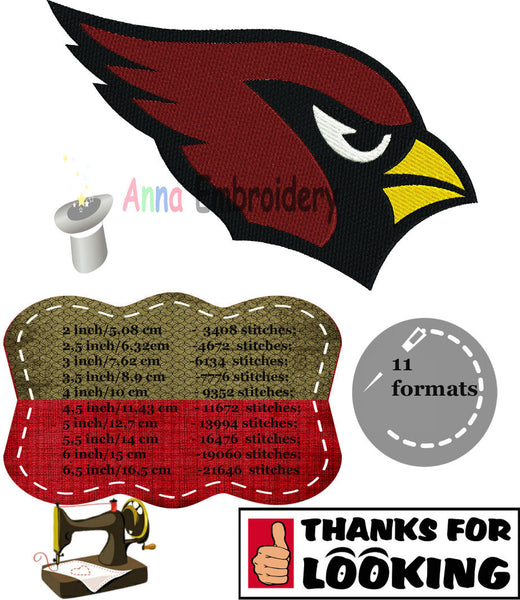 Red Cardinal Bird Machine Embroidery Design,Sport embroidery,football,red cardinal,filled stitch,machine patterns,10 SIZES, 11 formats