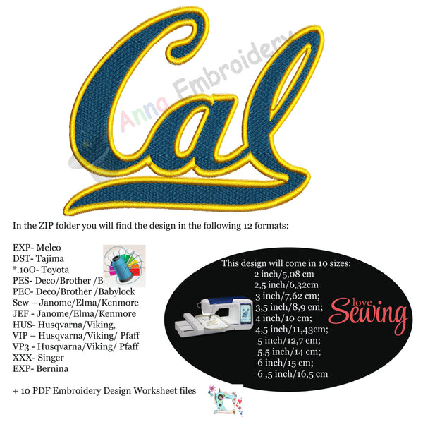 Cal Embroidery Design,sport embroidery,athletics embroidery,machine embroidery patterns