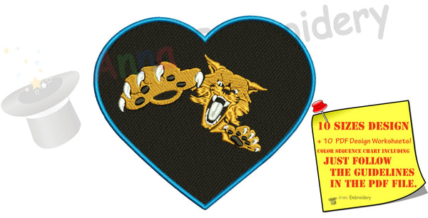 Wildcat heart Machine Embroidery Design-filled stitch-10 SIZES- 12 Formats- INSTANT DOWNLOAD