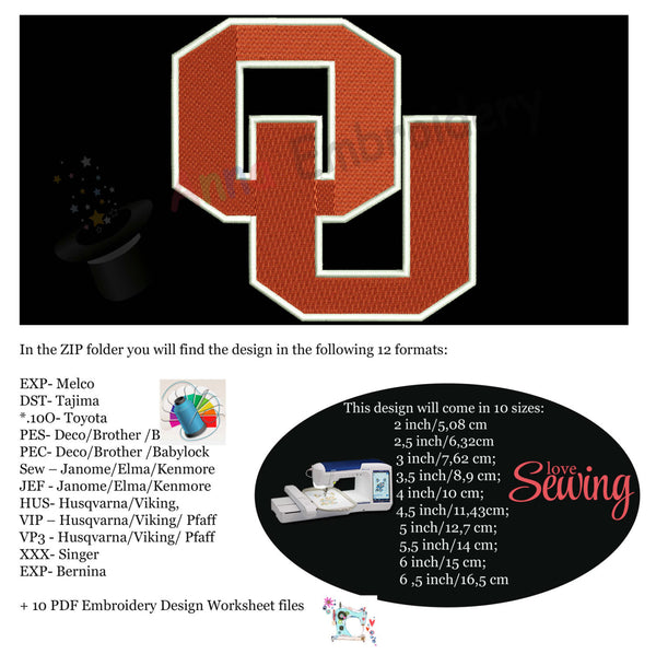 OU Machine Embroidery Design-sports design-10 SIZES- 12 Formats- Instant Download